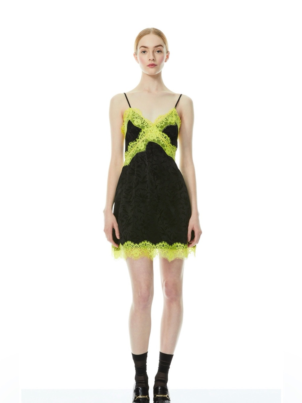 Alice + Olivia Zaira Lace Trim Mini Dress – Black / Lime Punch - Picture 2 of 8